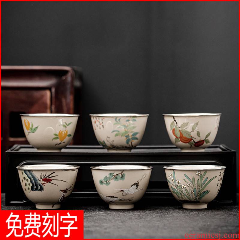 Ceramic plant ash hand - made silvering cup 999 sterling silver, kung fu tea master cup single CPU personal tea cups