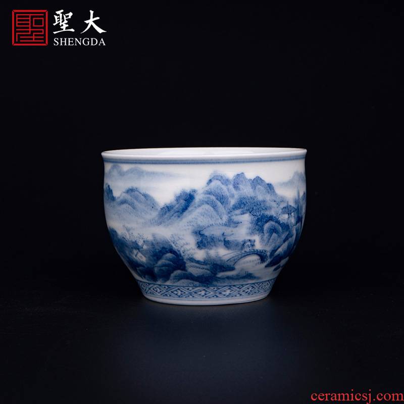 The big blue and white cylinder cup "nanshan implicit firewood" jingdezhen ceramic manual hand - made tea sample tea cup kung fu tea cups