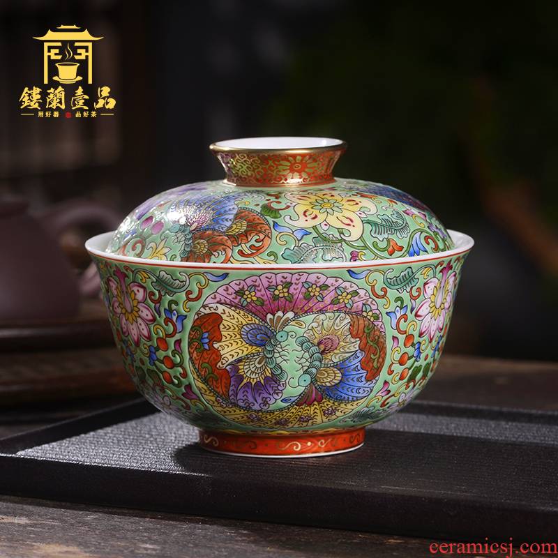 Jingdezhen ceramic all hand made enamel butterfly bound branch 3 tureen large cups domestic tea bowl with tureen