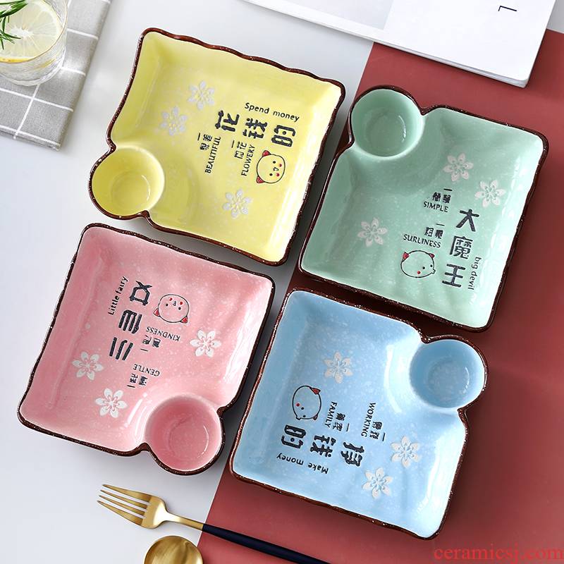 The New creative cartoon dumplings dribbling vinegar disc ceramic net red disc Japanese - style tableware household square dumplings plate tray