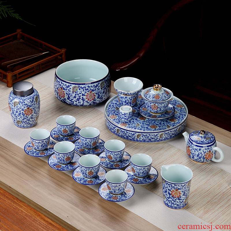 Hand draw the see colour tea set household jingdezhen blue and white tie up branch lotus kung fu tea tea cups an artifact