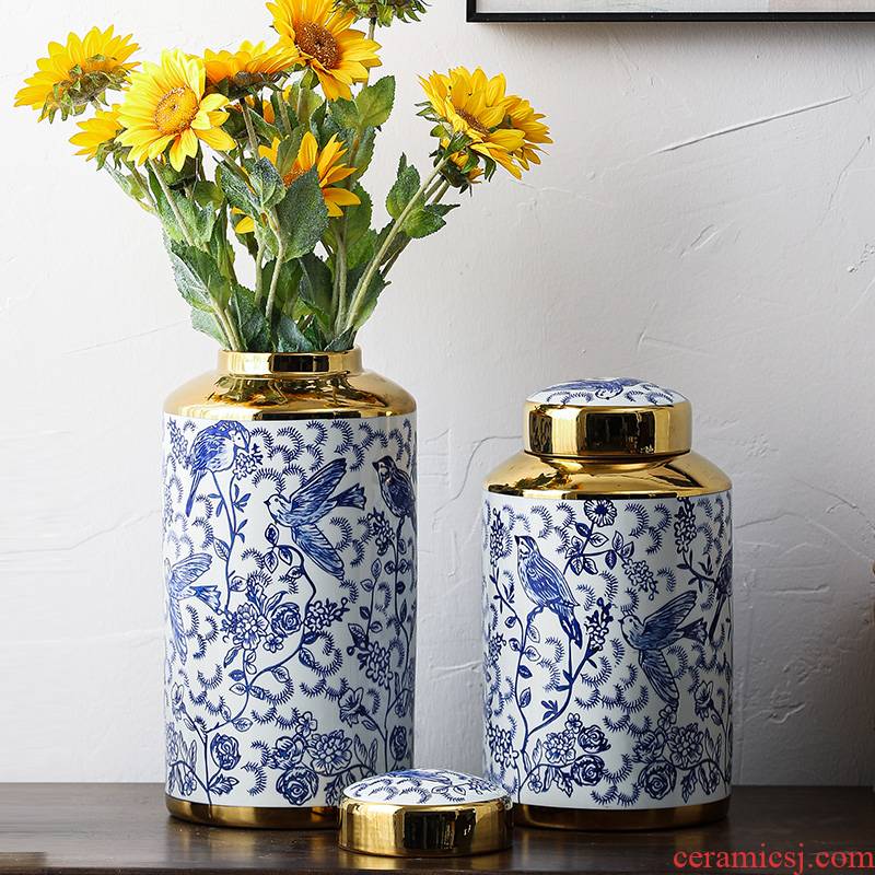 Light wind key-2 luxury gold - plated vase of blue and white porcelain ceramic vases, ceramic vase furnishing articles example room sitting room ceramic vase