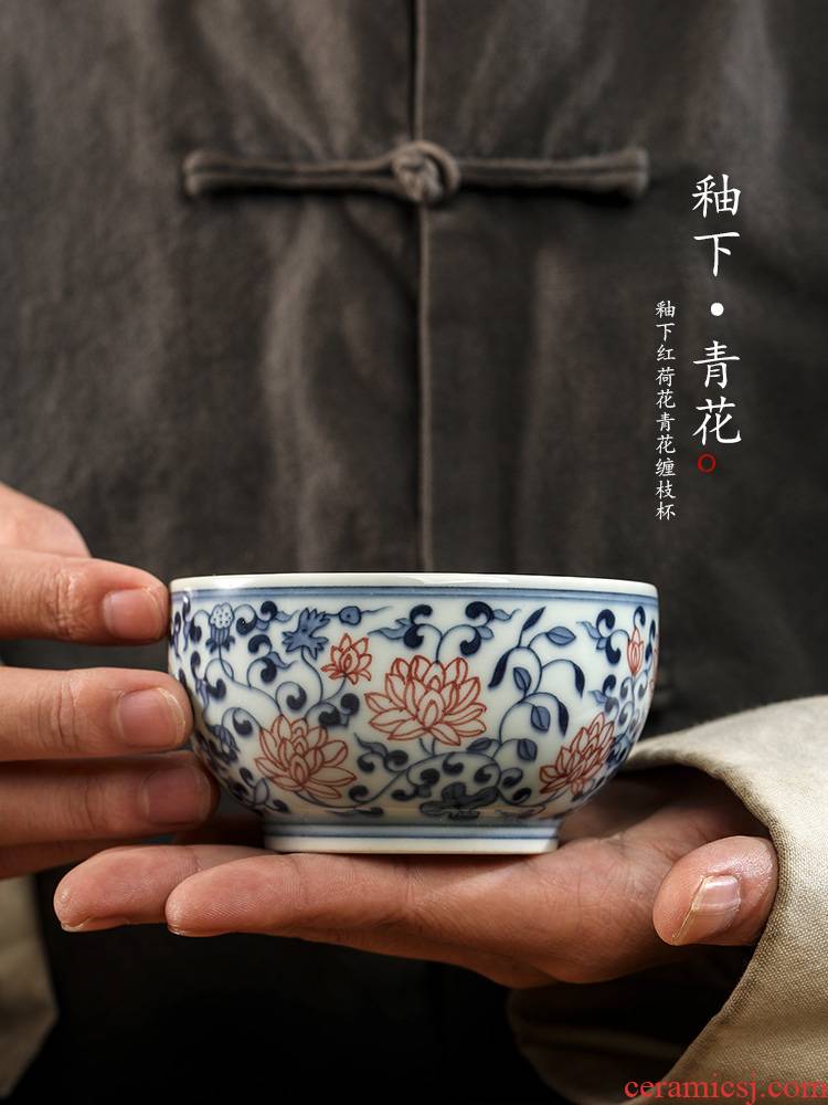 The Blue hand - made kung fu tea master cup single CPU jingdezhen pure manual wind restoring ancient ways the lotus flower ceramic cups only