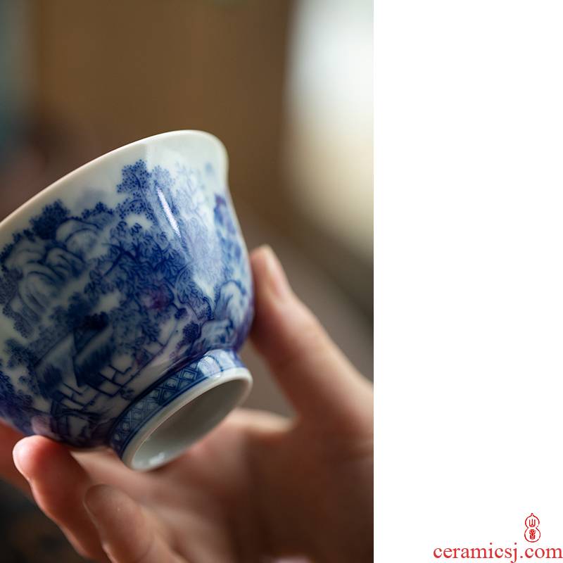 The Day blue green room inside and outside the landscape left koubei jingdezhen ceramic hand - made kung fu tea cups single CPU