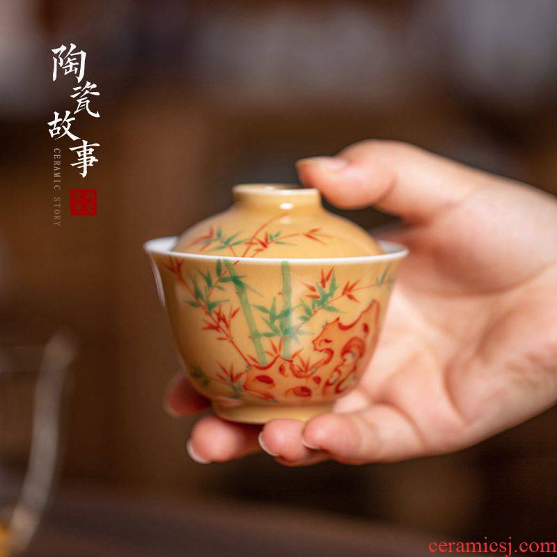 High - end checking hand - made ceramic story town tureen only three tureen single apricot yellow glazed bamboo tureen bouldering