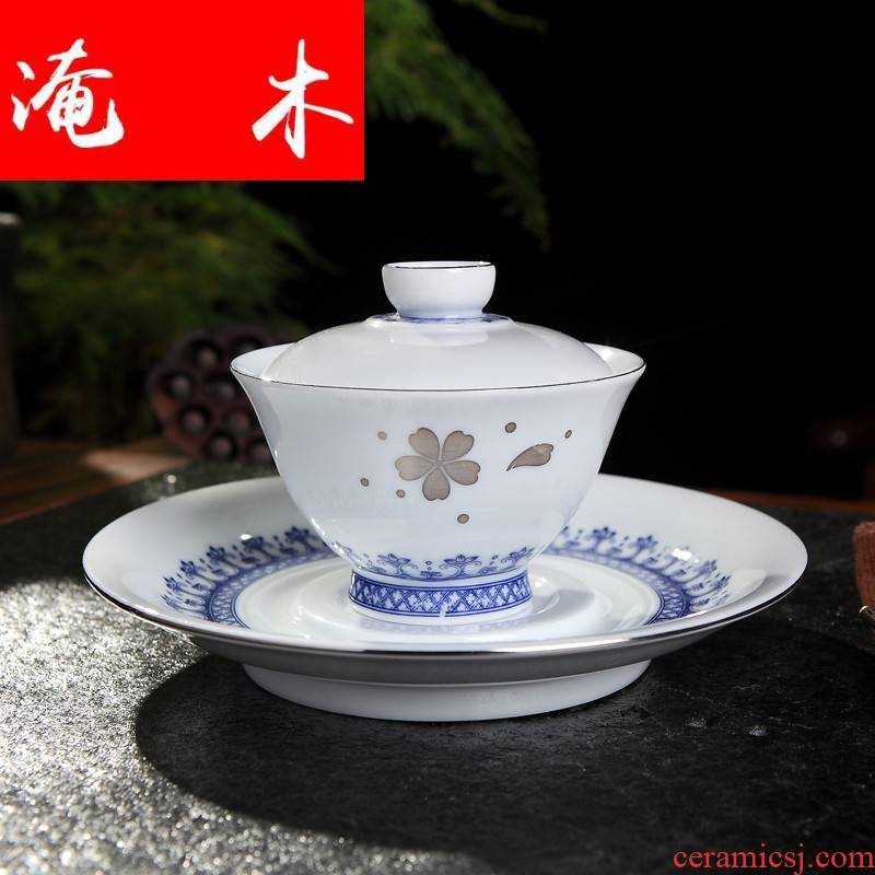 Submerged wood tureen ceramic cups only three bowl of jingdezhen blue and white porcelain household kung fu tea set large tea tea