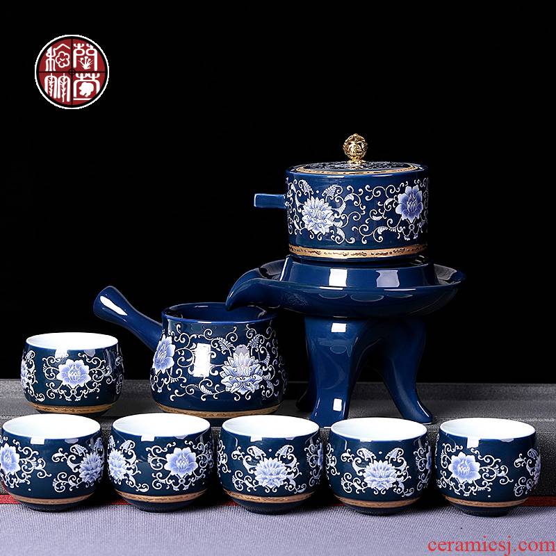 Blue and white porcelain kung fu tea set lazy people make tea with household with tea ji Blue office rotate automatically out of tea