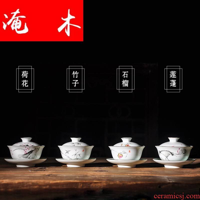 Submerged wood hand - made tea ware enamel tureen hand grasp kung fu tea set three fat white ceramic cup with tureen scene