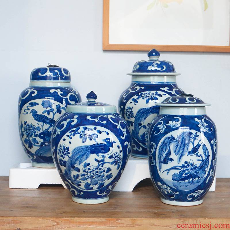 Blue and white porcelain painting of flowers and birds ceramic storage jar of archaize of new Chinese style household porch rich ancient frame handicraft furnishing articles