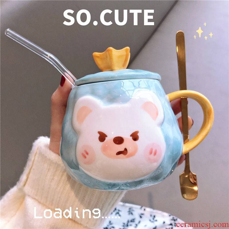 Ins Korean express cartoon creative water glass ceramic cup with cover girl students breakfast spoon straw keller