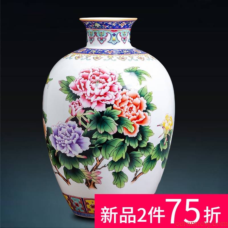 Jingdezhen ceramics powder enamel vase peony blooming flowers colored enamel porcelain sitting room of Chinese style household ornaments