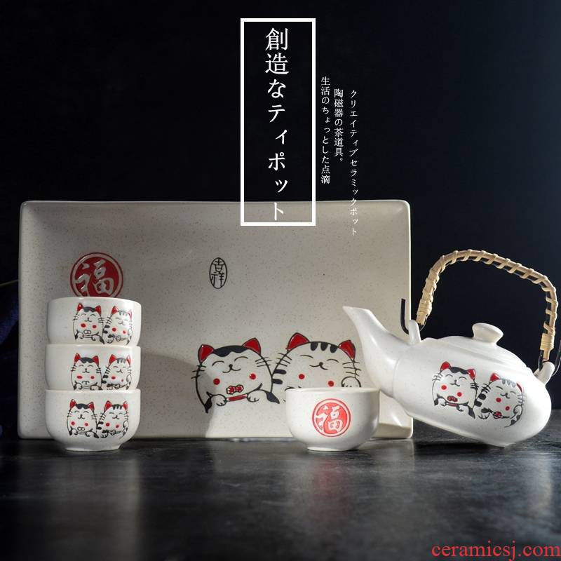 Creative Japanese cat Japanese ceramic tea set home restaurant single teapot teacup tray