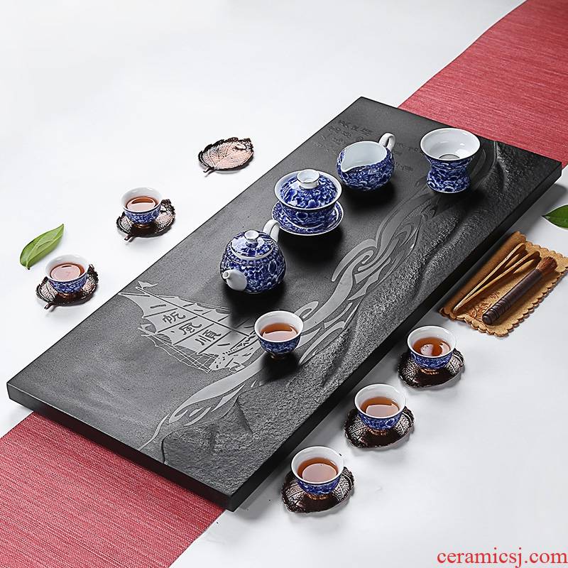 Longed for a complete set of blue and white porcelain kung fu tea set sharply opportunely stone tea tray was contracted office home tea cup high - grade group