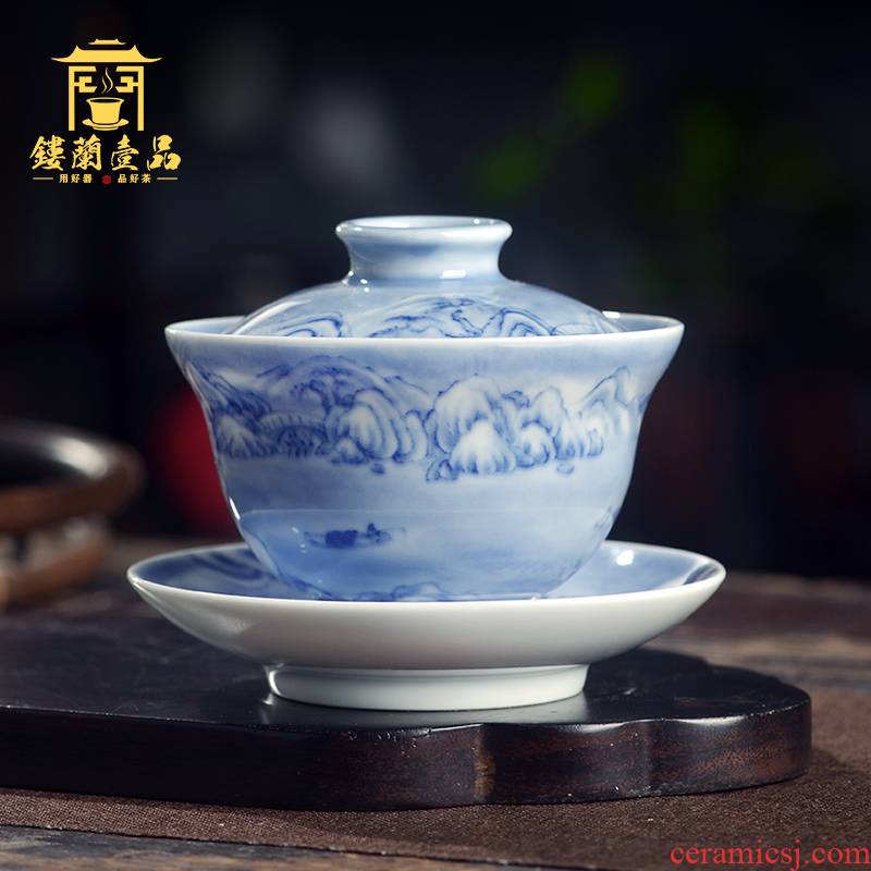 Jingdezhen blue and white, maintain the snowscape hand - made ceramic only three tureen tea cups kunfu tea ware bowl with cover a single