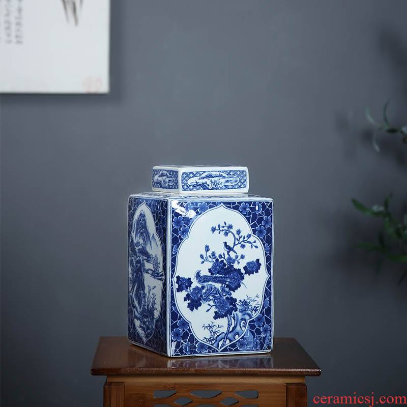Ceramic furnishing articles caddy fixings storage jar study ancient frame decoration of jingdezhen blue and white porcelain four as cans of new Chinese style
