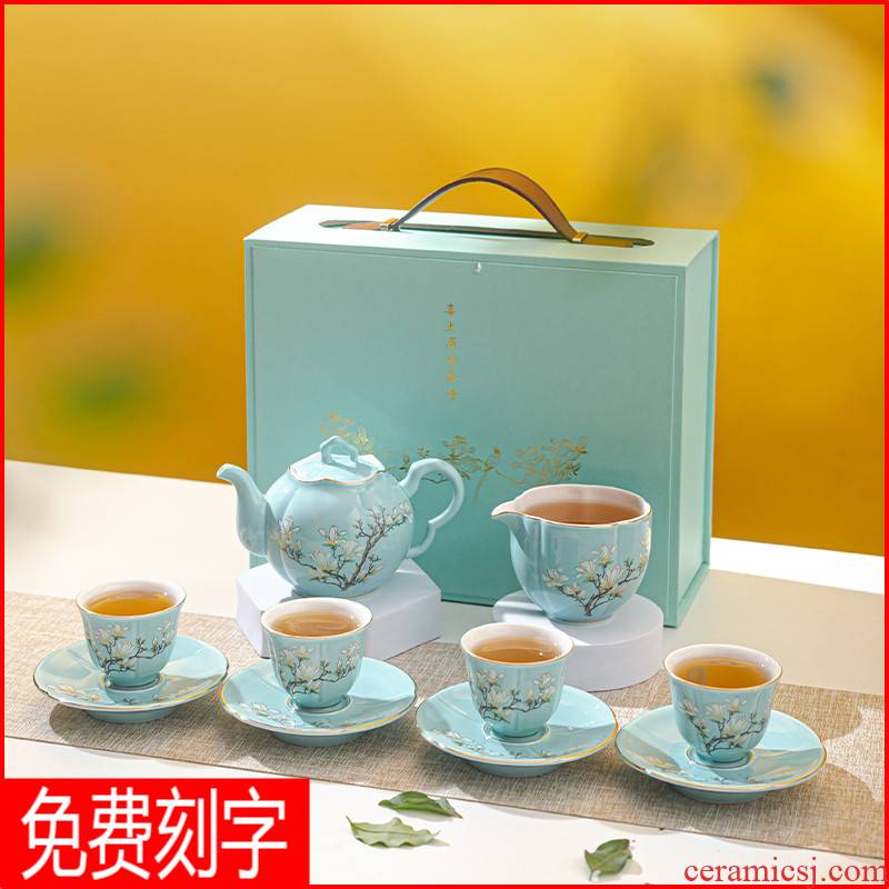 Jingdezhen tea sets a light key-2 luxury contracted modern kung fu tea pot household teacup pad supporting high - end gift box