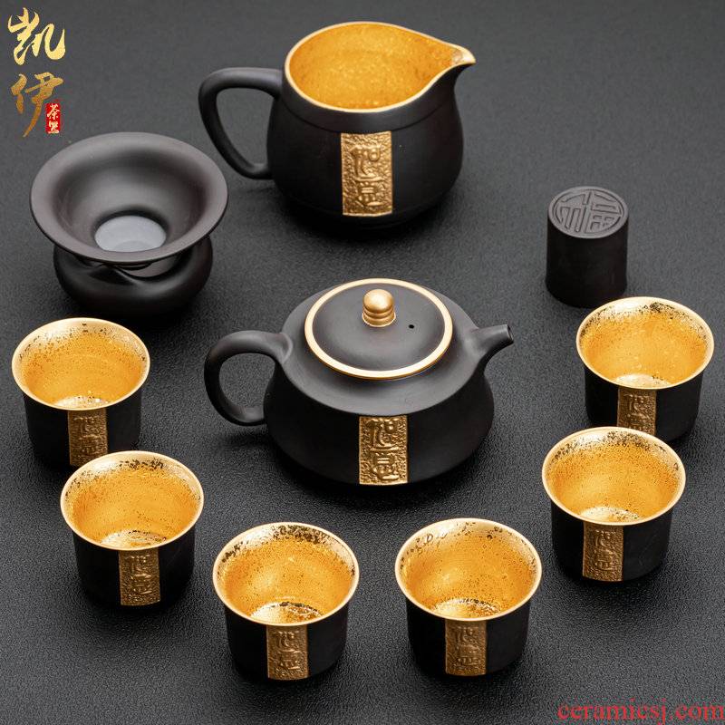 Ruyi violet arenaceous gold tea sets suit a complete set of kung fu tea set of violet arenaceous lid to use household utensils