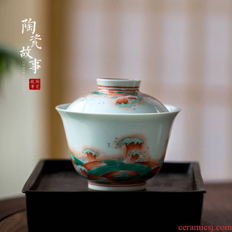 High - end checking hand - made ceramic story town tureen three tureen only single color red and green water wave grain tureen