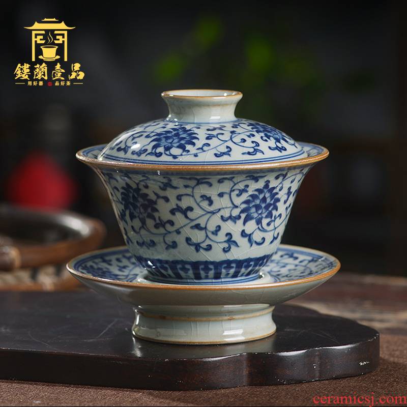 Jingdezhen blue and white ceramics slicing bound lotus flower only three tureen large kung fu tea cups with cover bowl with cover