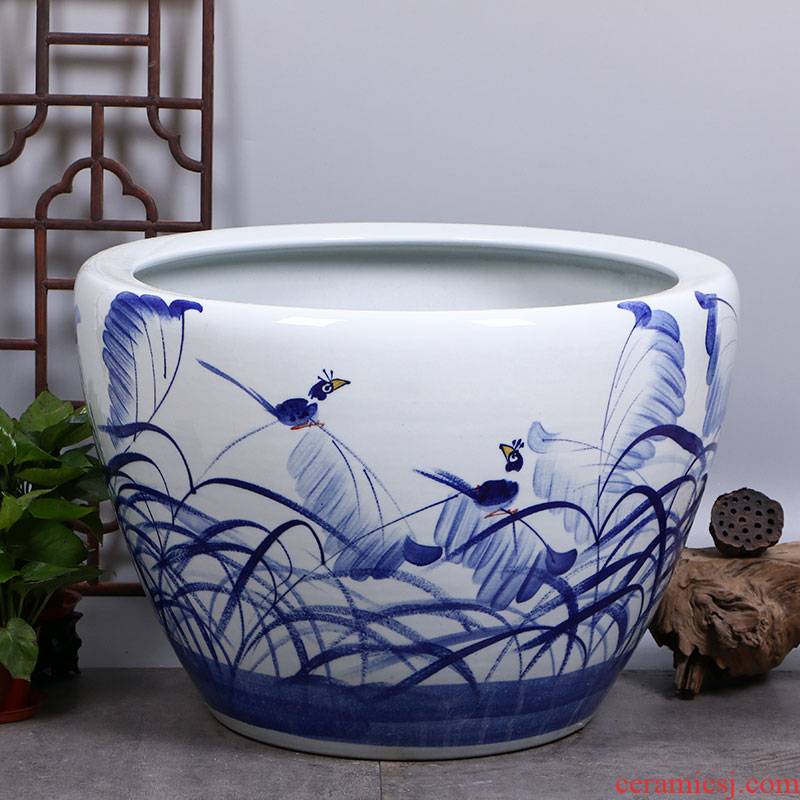 Jingdezhen hand - made ceramic aquarium turtle cylinder goldfish bowl lotus flower pot lotus large painting and calligraphy tank