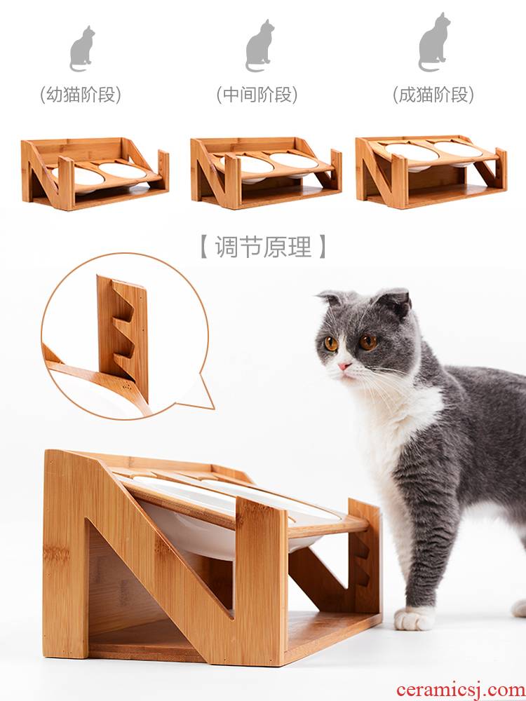 Oblique expressions using hanging cat bowl height adjustable double bowls of wooden frame, stainless steel bowl cant ceramic dog always upset