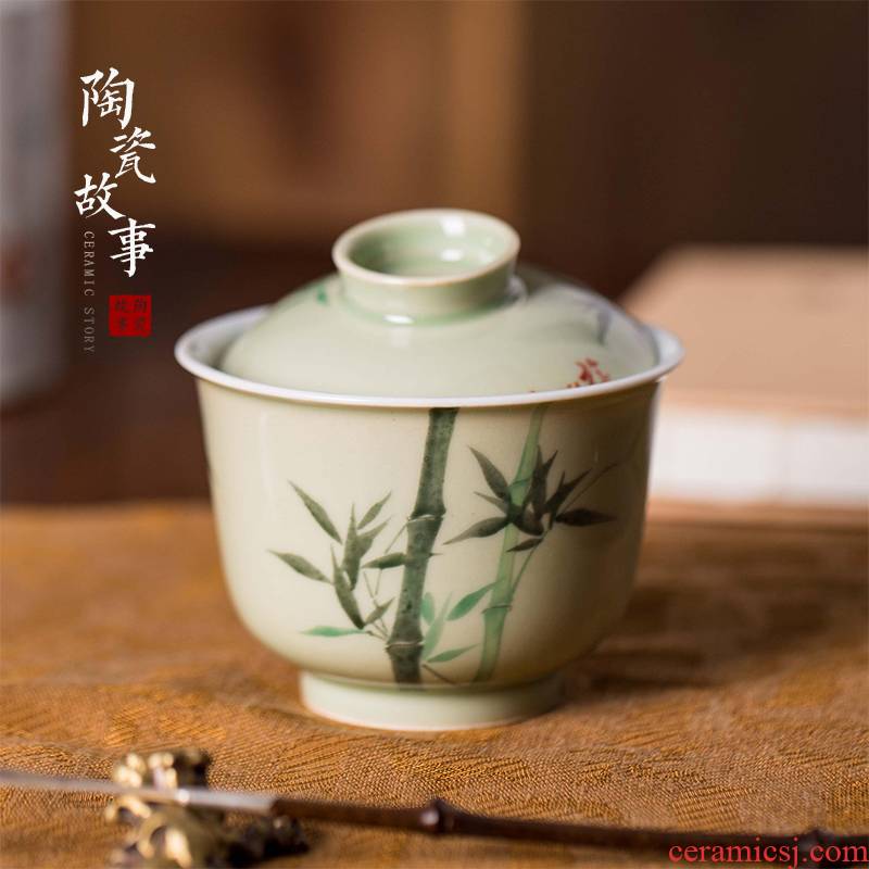 High - end checking hand - made ceramic story town tureen only three tureen single pea green glazed bamboo tureen