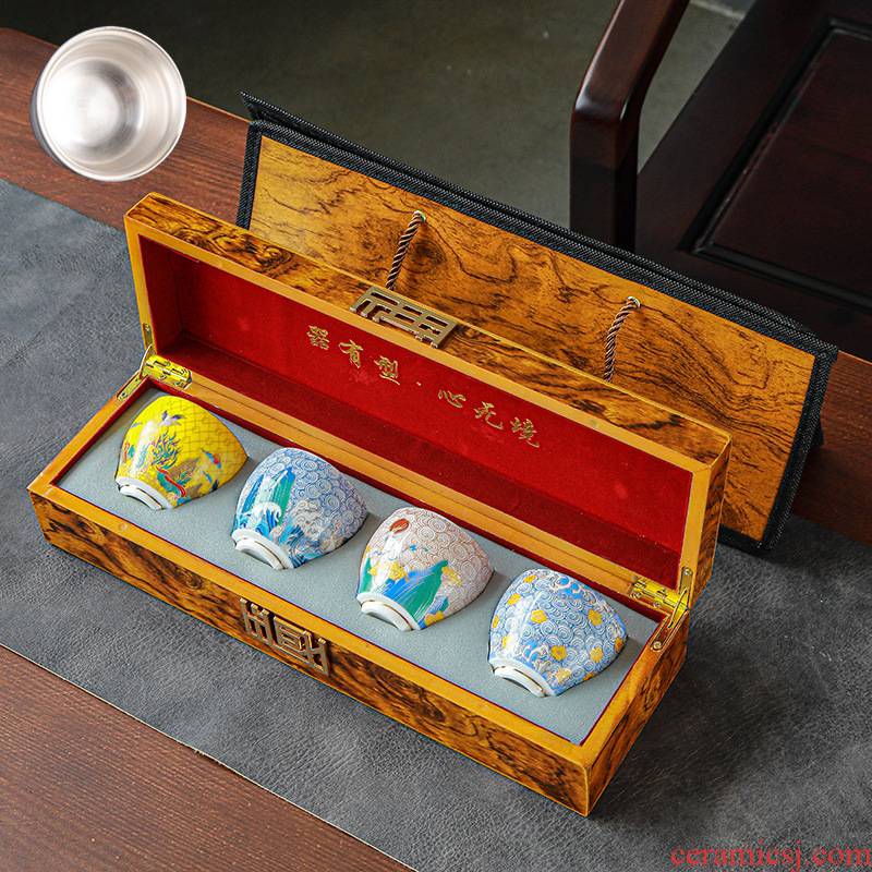 999 sterling silver cup kung fu tea bowls colored enamel porcelain sample tea cup manual tasted silver gilding master cup single cup gift box