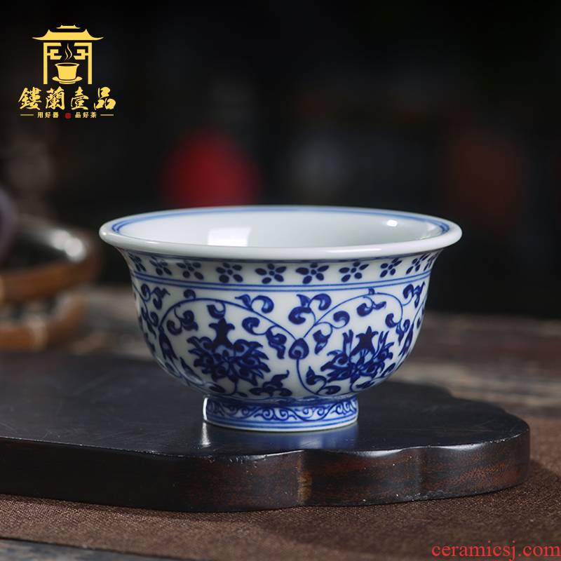 Jingdezhen ceramic all hand - made imitation Ming yongle blue tie up branch pressure hand masters cup kung fu tea set single cup tea cup