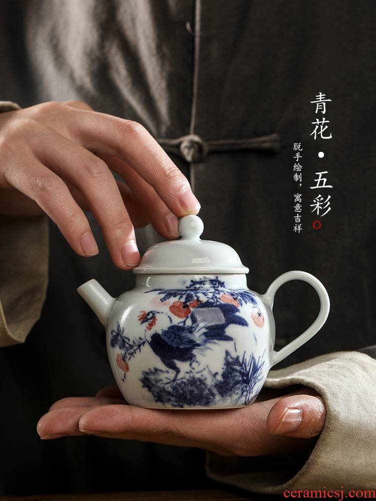 Jingdezhen blue and white teapot pure manual ceramic tea set hand - made big rooster antique teapot single pot kunfu tea