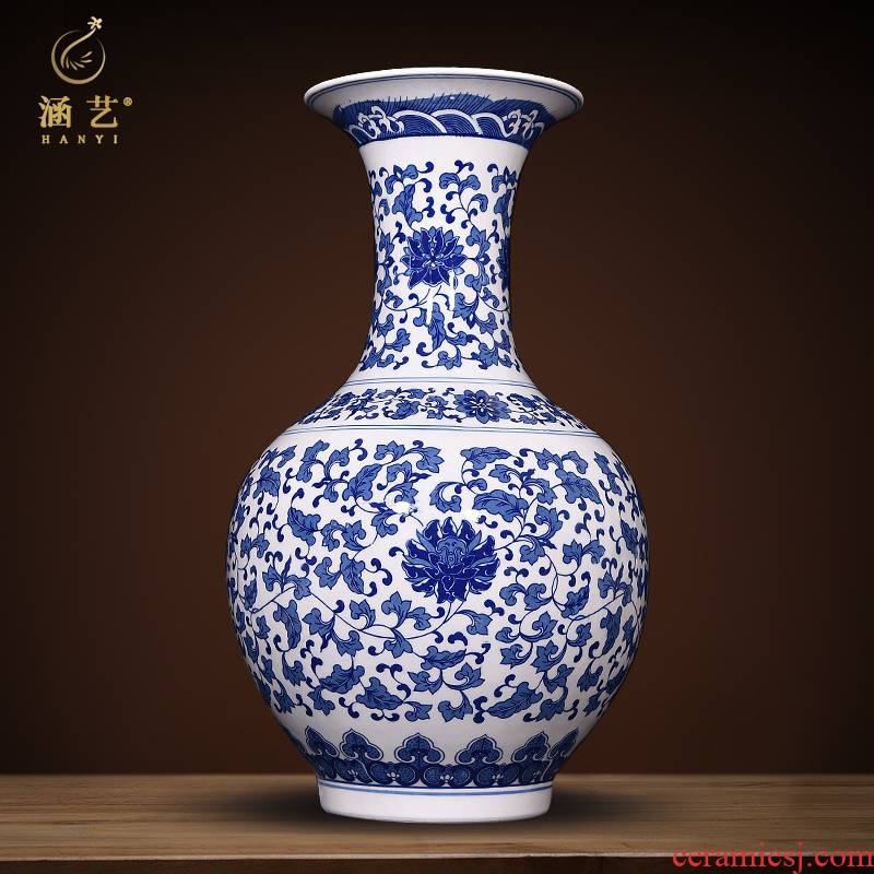 Large blue and white porcelain of jingdezhen ceramics bound branch lotus flower arrangement craft bottles of Chinese guest decorated hall porch place