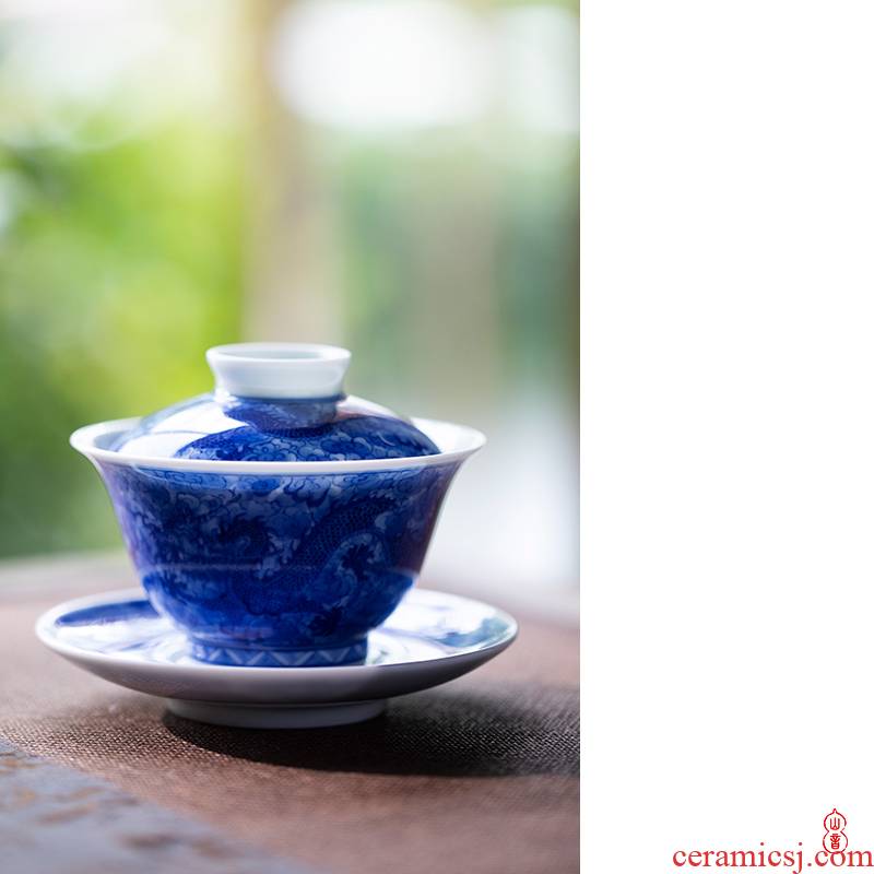 Day blue green room hand - made yunlong three just tureen jingdezhen ceramic tureen not hot tea bowl of tea set