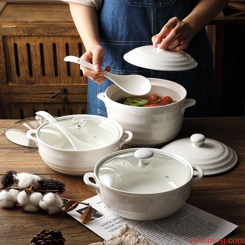 Household 8 inches ears ceramic bowl microwave soup pot with cover creative large pure white soup basin package mail