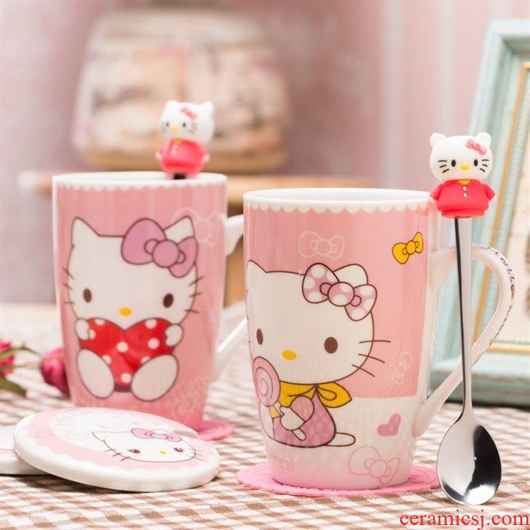 Hello Hello Kitty cartoon KT cat mark cup white ceramic cup creative couples with cover glass.