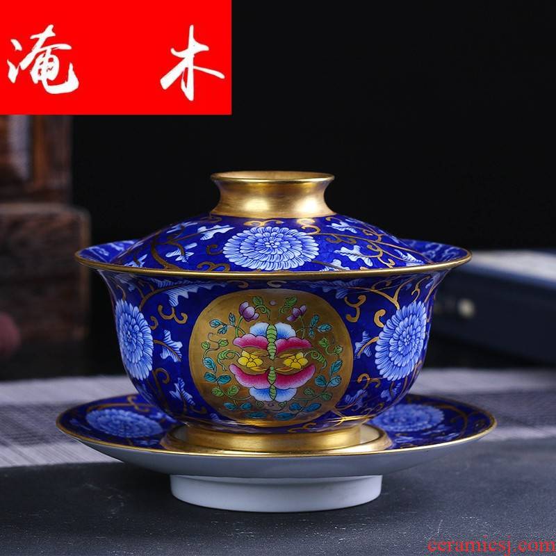 Flooded wood jingdezhen blue and white paint by hand only three bowl of enamel colored powder was filed in tureen bowl tea tea mercifully