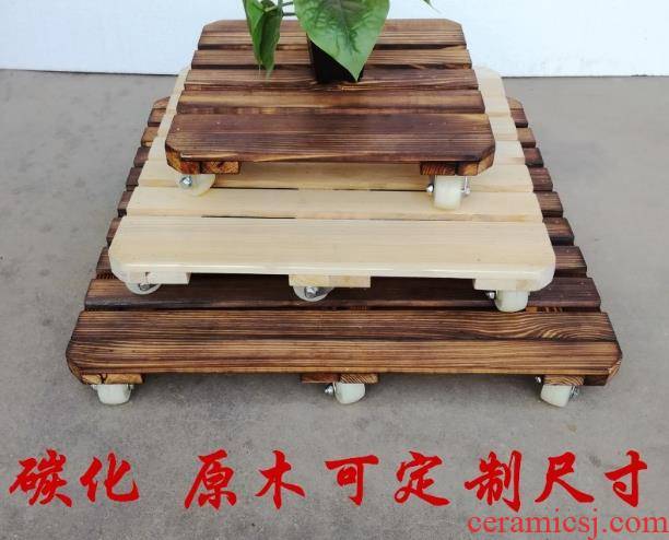 Flower pot tray was solid wood thickening belt pulley aquariums box base roller can be wood receptacle pot pad