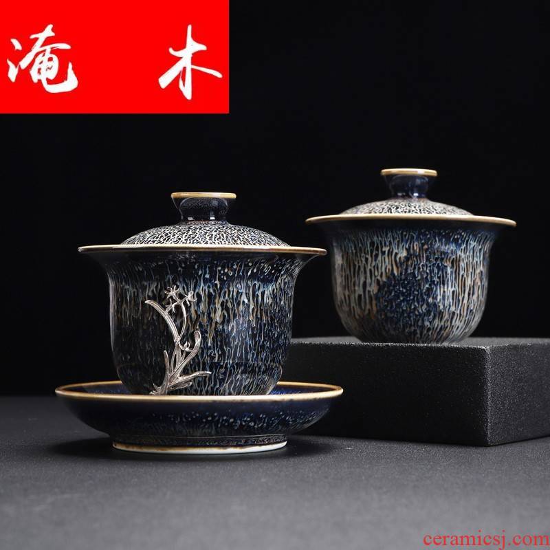 Submerged wood jingdezhen ceramic inlaid with silver GaiWanCha device only three cup tea bowl of kung fu tea accessories tea for 1