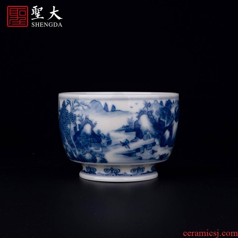 Holy big blue and white imitation kangxi landscape best CPU, jingdezhen ceramic manual hand - made tea sample tea cup kung fu tea cups