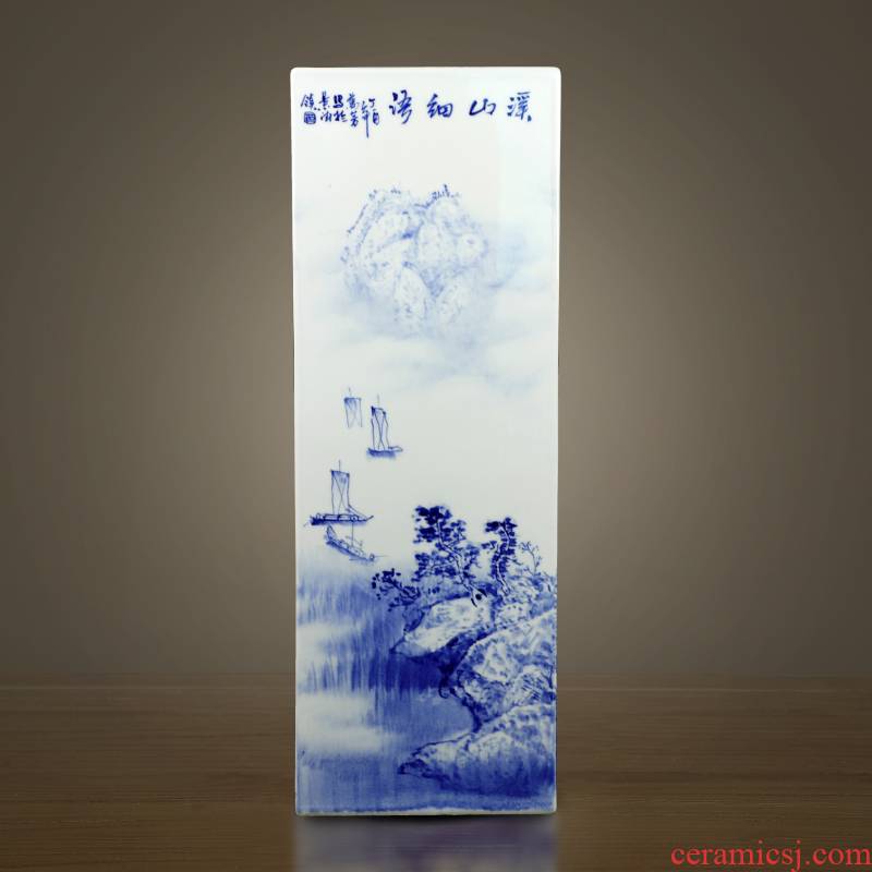 Jingdezhen blue and white landscape square bottle sword barrel hand - made ceramic vase painting and calligraphy home decoration furnishing articles adornment