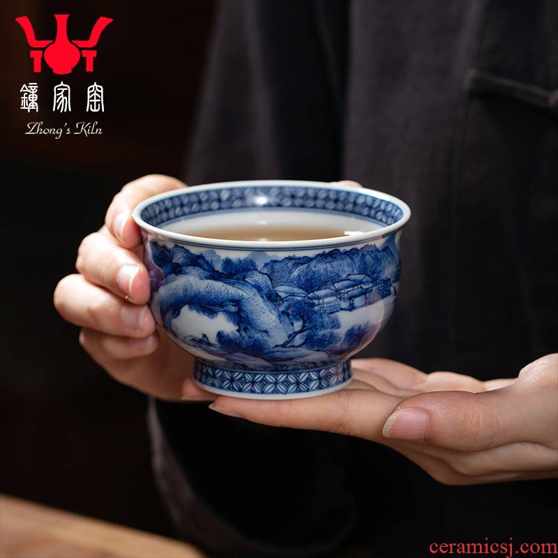 Bell up cup the host CPU of jingdezhen blue and white maintain pure manual heavy industry with kung fu painting landscape tea cup