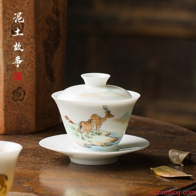 Sweet white porcelain three tureen only a single deer pants for streams of water have not hot cup tea bowl ceramic bowl with cover tea set