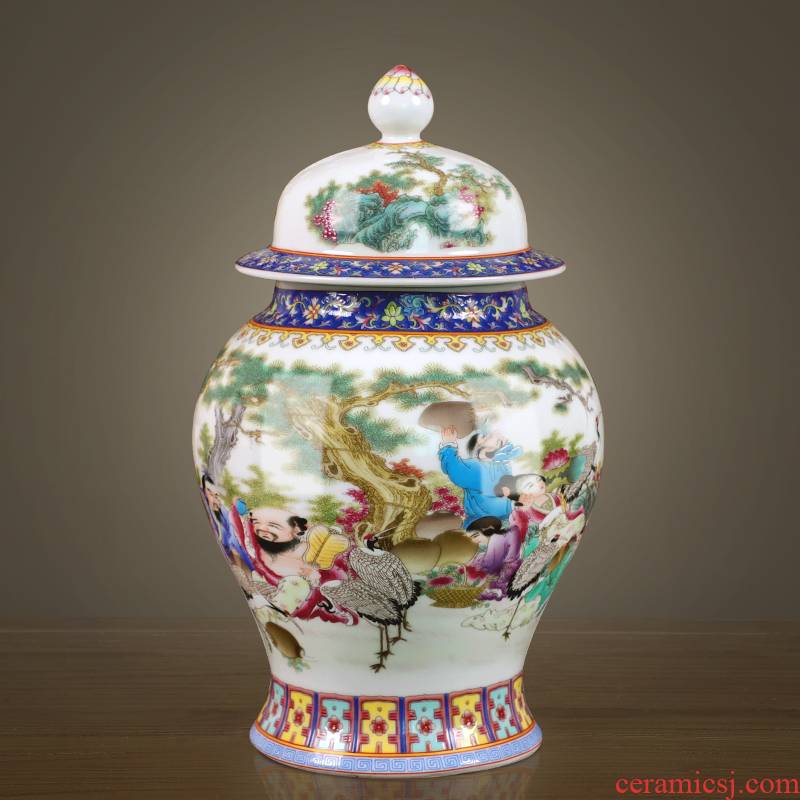 Jingdezhen porcelain tea pot home moistureproof large storage puer tea cylinder Chinese figure storage tank, the eight immortals