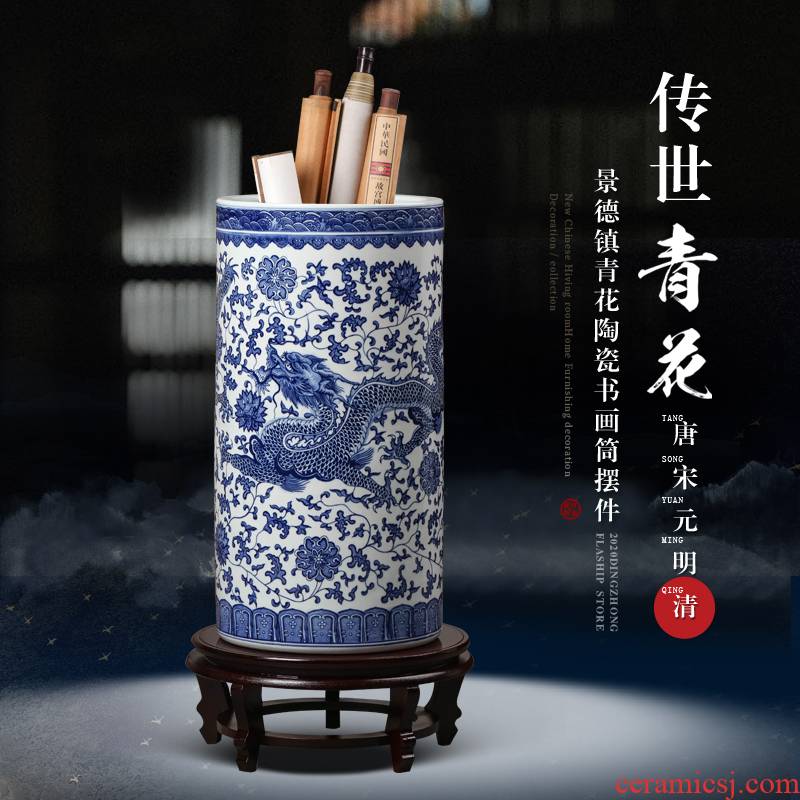 Blue and white porcelain of jingdezhen ceramics painting and calligraphy scrolls cylinder Chinese study ground adornment is placed large living room