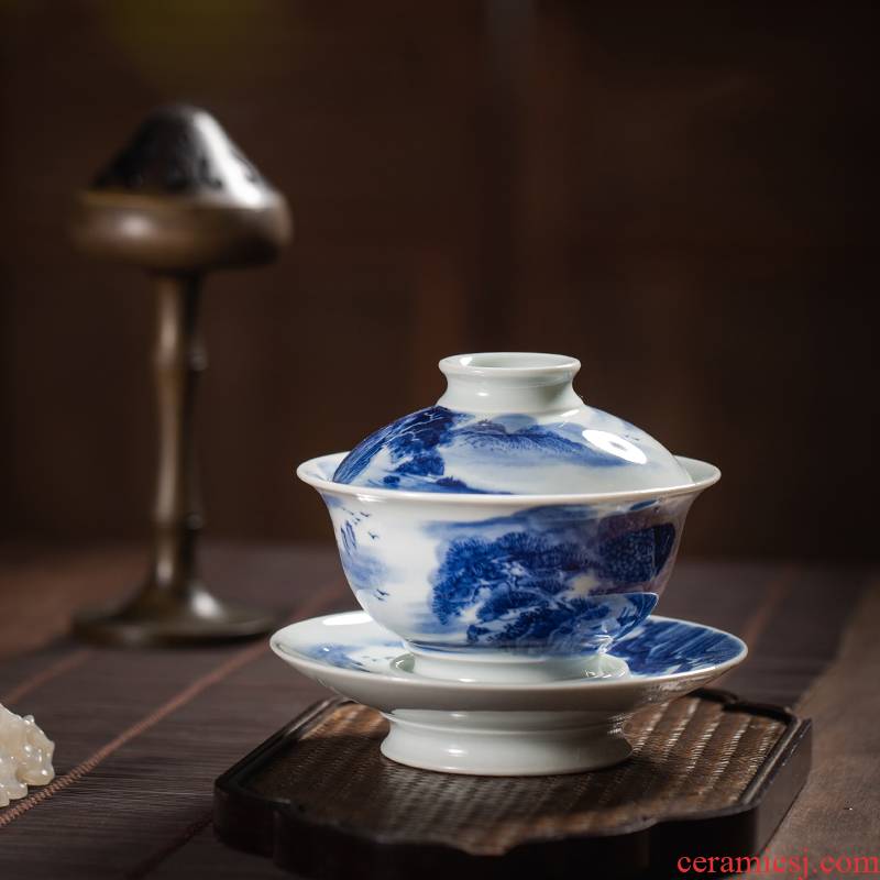 Tureen single hand - made scenery of jingdezhen blue and white only maintain three cup to burn large tea bowl of ceramic tea set