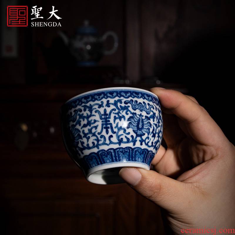 Holy big ceramic cups of jingdezhen blue and white "extended" cylinder manual hand - made tea sample tea cup kung fu tea cups
