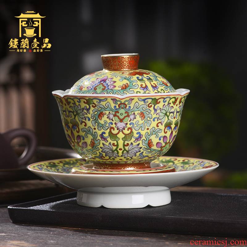 Jingdezhen ceramic hand - made enamel yellow tie up lotus flower only three tureen teacups large household take tureen tea bowl