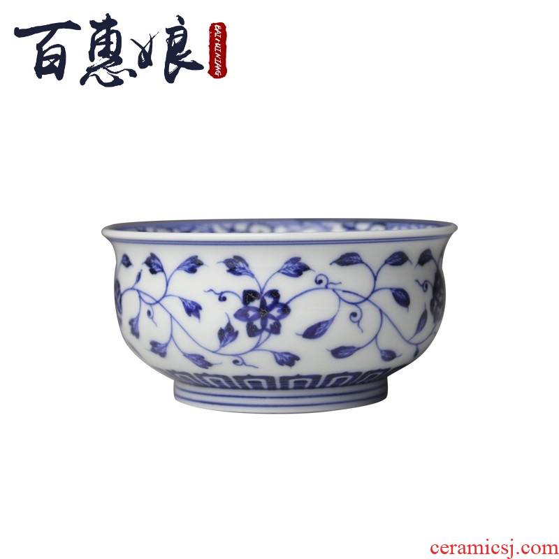 (niang antique hand - made bound lotus flower grain blue and white porcelain furnace type master cup of large single cup sample tea cup by hand work