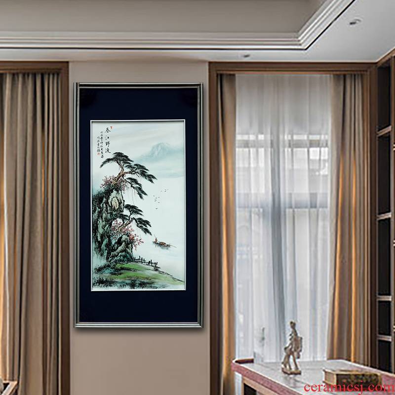 Jingdezhen porcelain plate painting hand - made of new Chinese style household hangs a picture sitting room landscapes mural decoration solid wooden frame