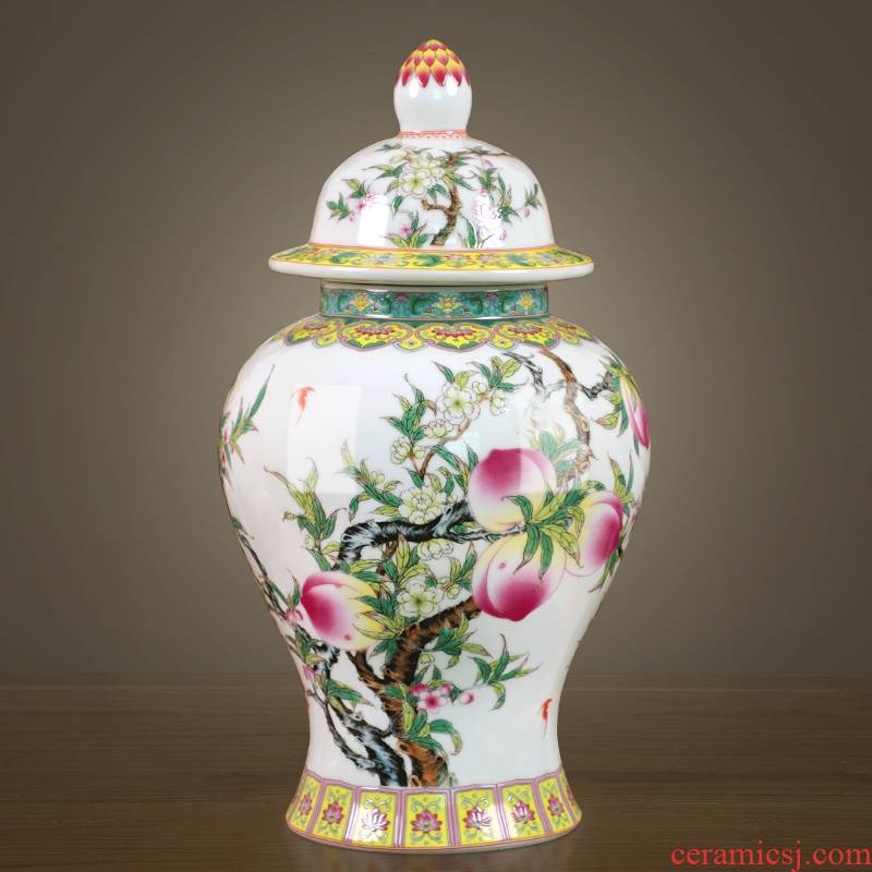 Jingdezhen ceramics nine peach figure general tank of storage tank of the new Chinese style household furnishing articles sitting room TV cabinet decoration