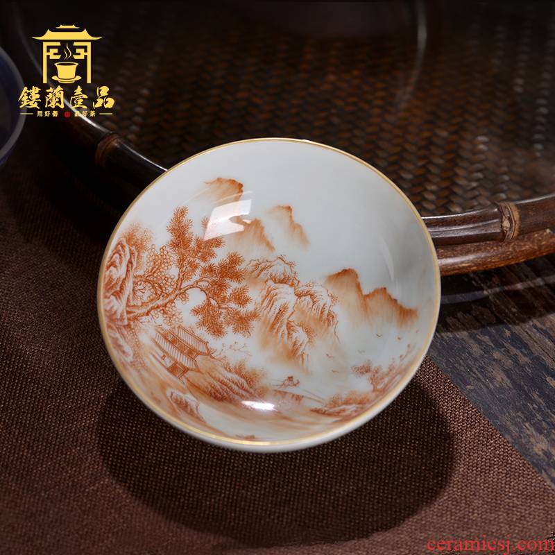Jingdezhen ceramic all hand - made alum red landscape poetry masters cup kunfu tea, tea cup single cup sample tea cup