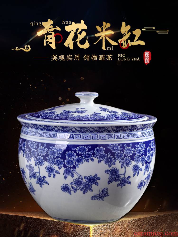 Jingdezhen ceramics home with cover storage tank is moistureproof insect - resistant seal pot 10 jins barrel furnishing articles of blue and white porcelain